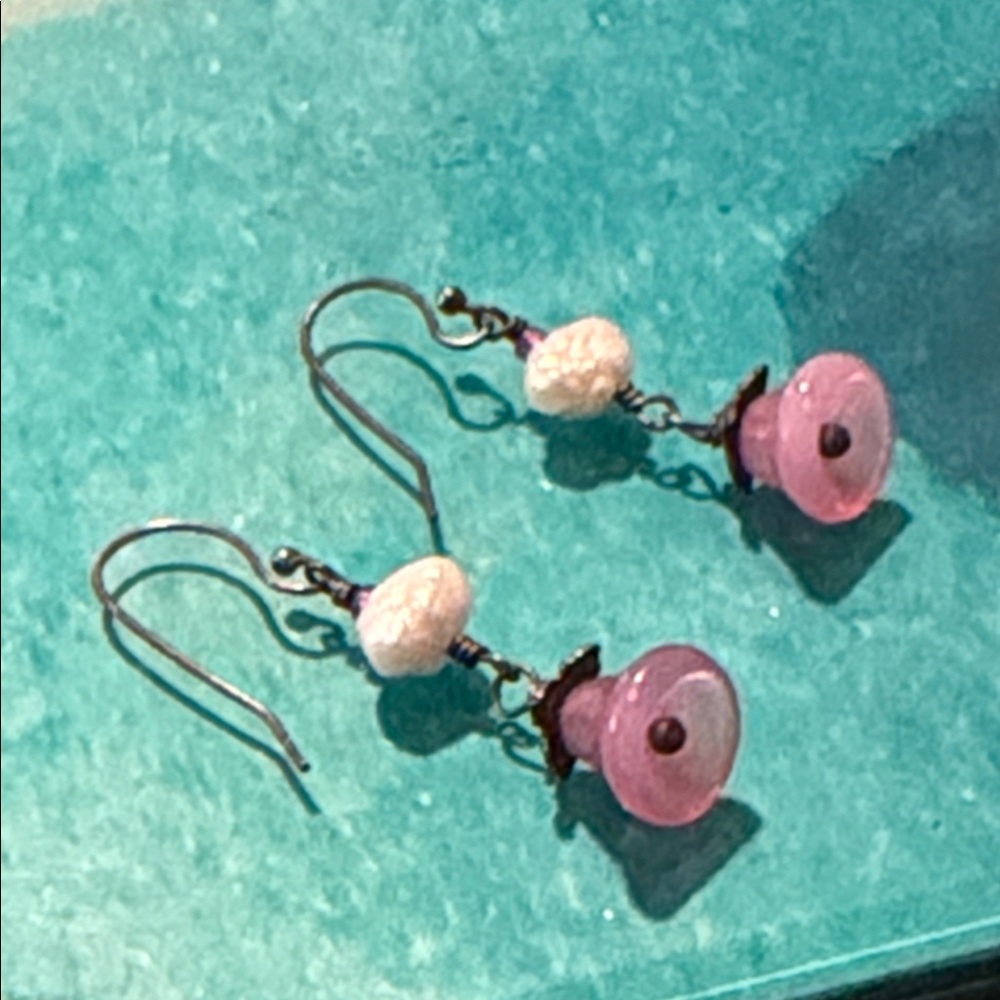 Artisan German glass pink flowers with tiny garnets white pearls sterling wires